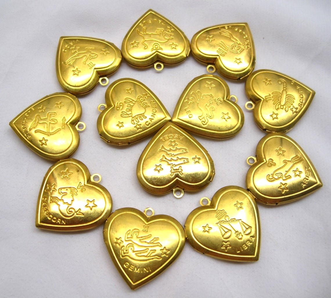 ONE SET of 12 Zodiac Signs Heart Locket 29mm Necklace Pendant Brass Findings