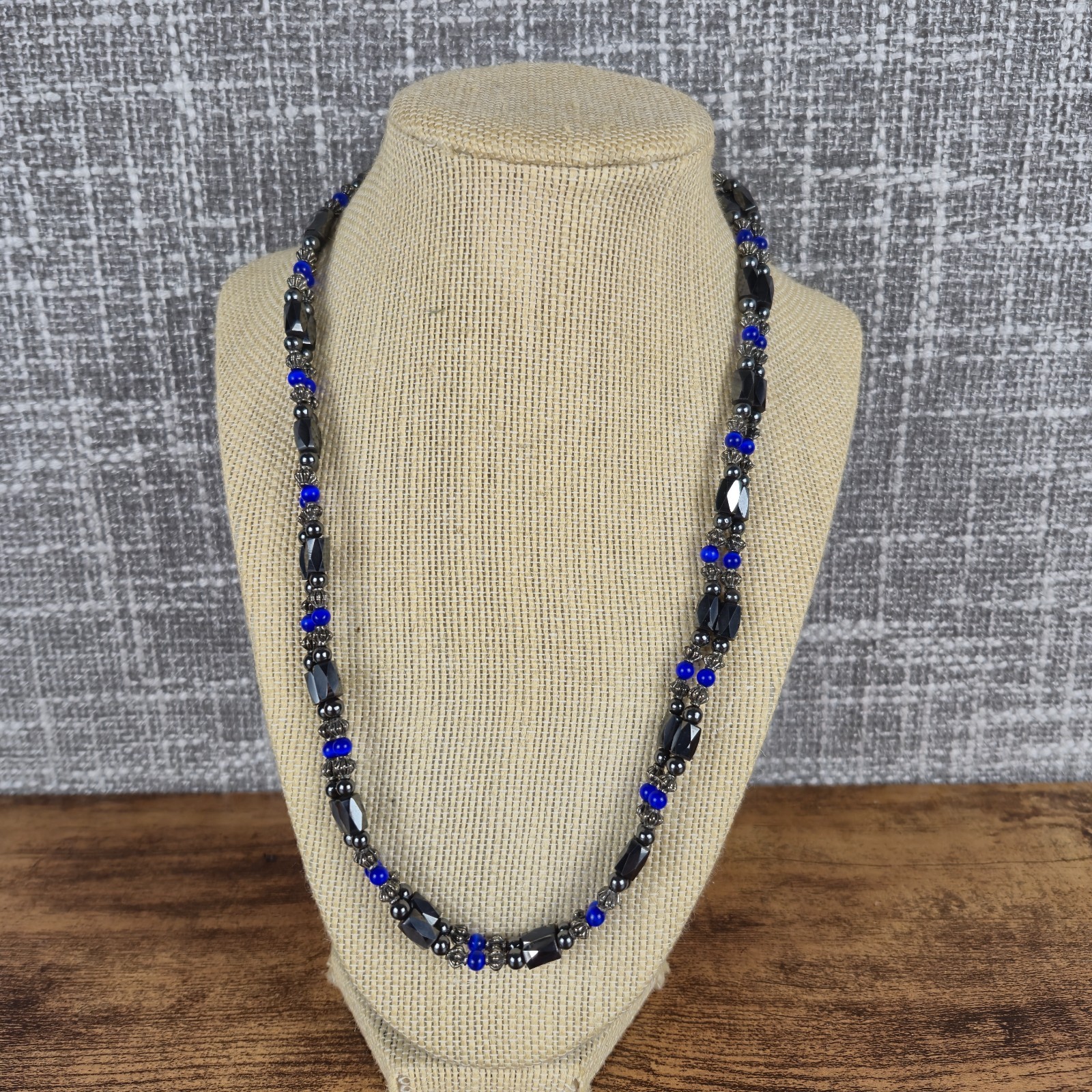 Hematite Magnetic Blue Black Beaded Wrap Bracelet Necklace Versatile Long 44″Vtg