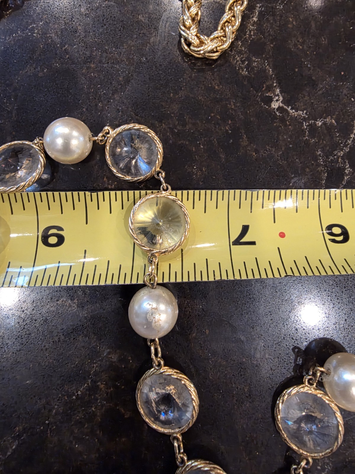 French Fancy Bezel Set Double Point Crystal & Glass Pearl Rope Necklace 32″ L