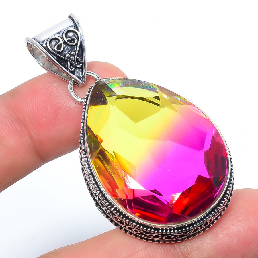 Fine Art – Bi Color Tourmaline 925 Silver Plated Bali Pendant 2.07″ M14