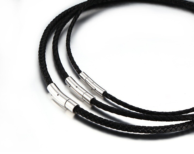4/6MM Mens Black Braided Cord Rope Leather Necklace Choker w/ Magnetic Clasp