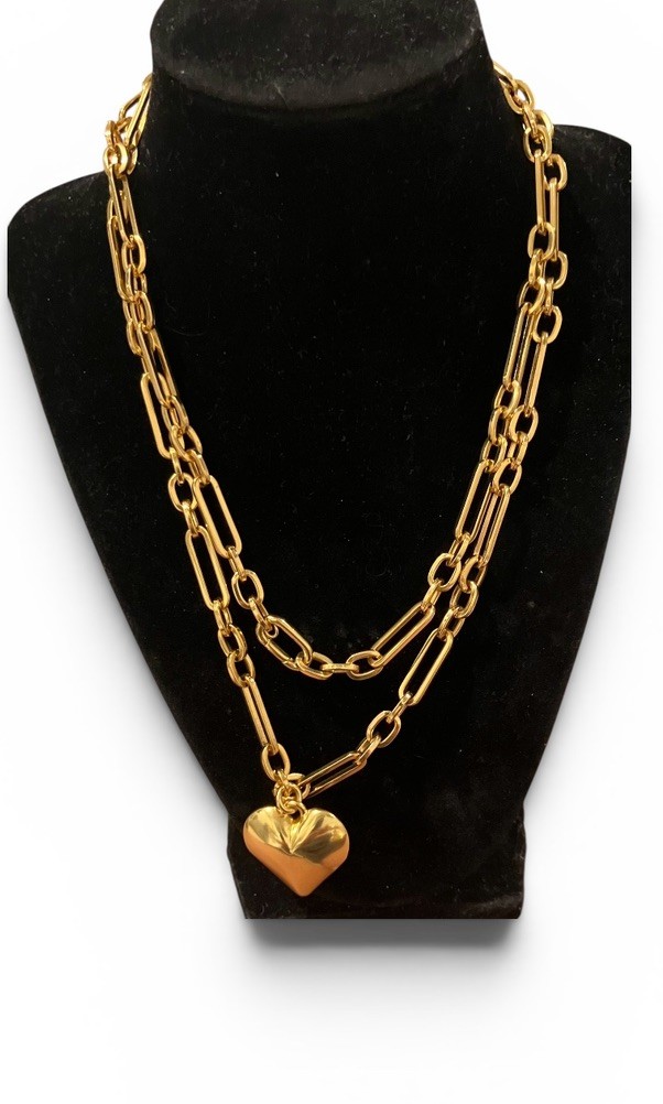 J Crew Puffed Heart Pendant Necklace Chunky Chain 38”