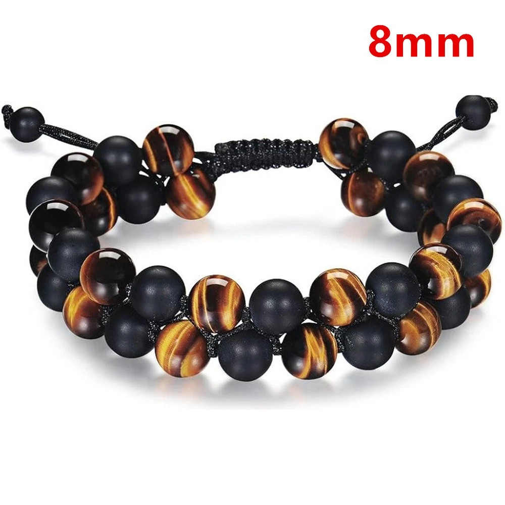 Triple Protection 8mm Natural Tiger Eye Onyx Lava Adjustable Beaded Bracelet Men