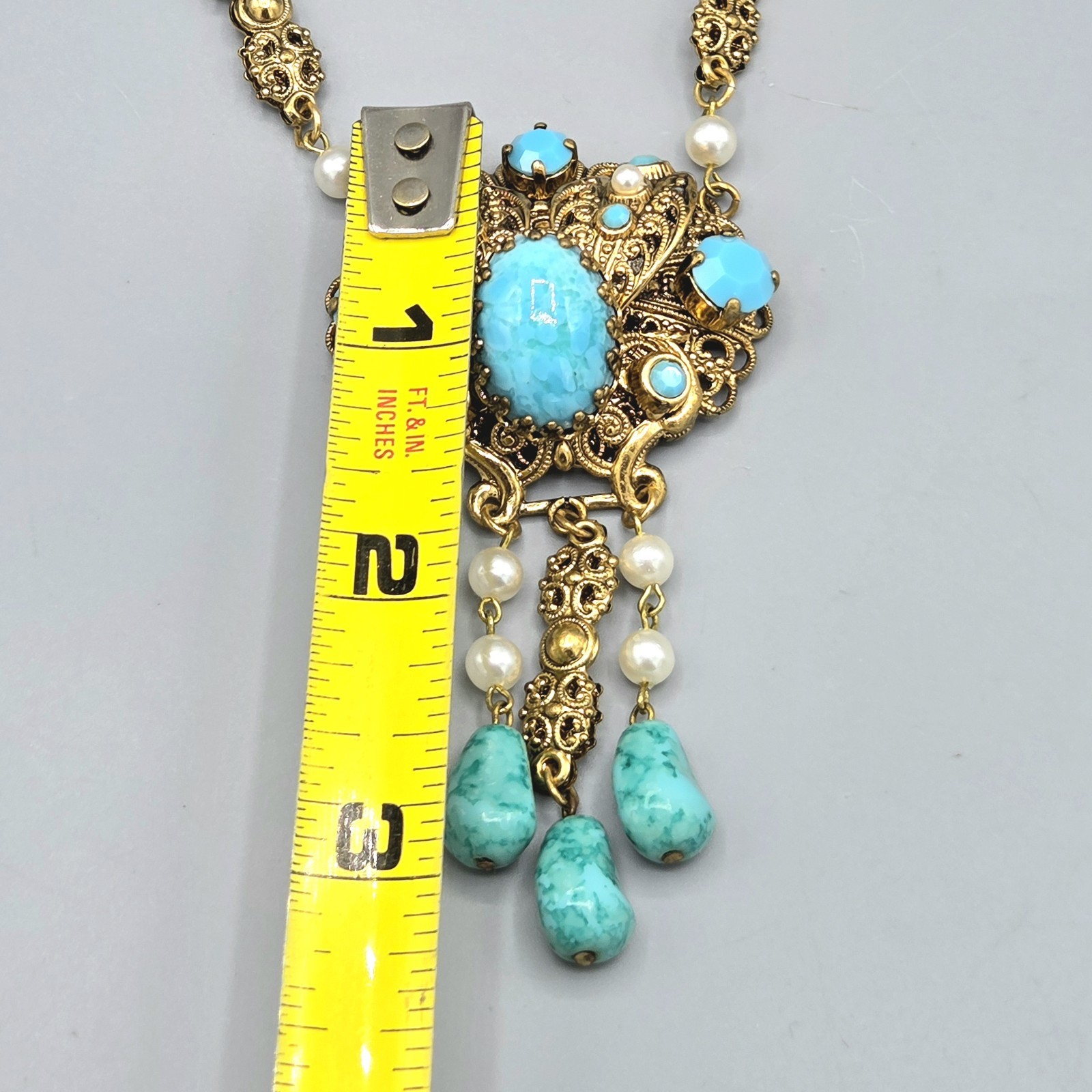 WEST GERMANY Turquoise Mottled Art Glass Drop Faux Pearl Sautoir Necklace 26″