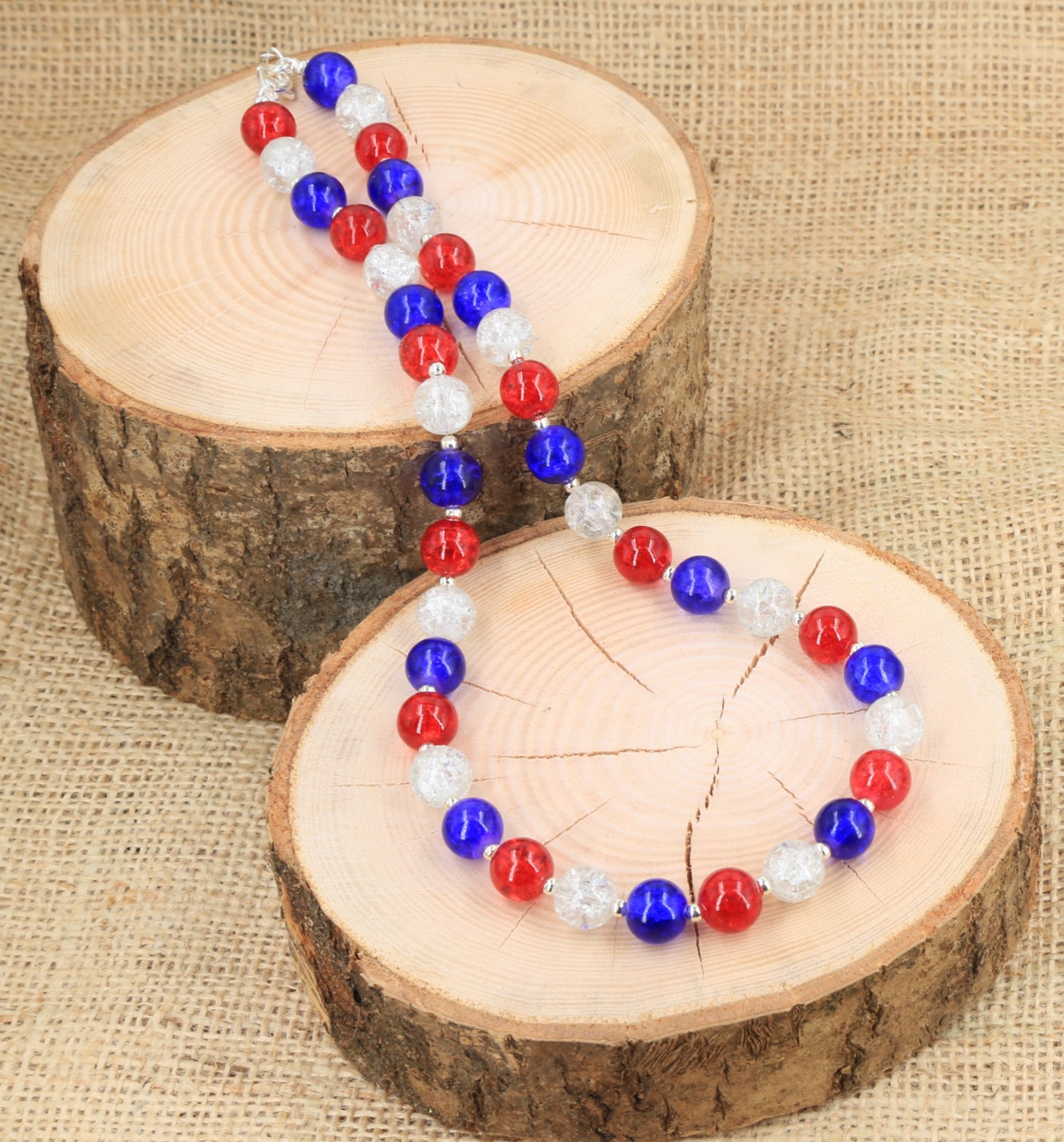 Patriotic red white blue glass crackle bead necklace Great Britain England Royal