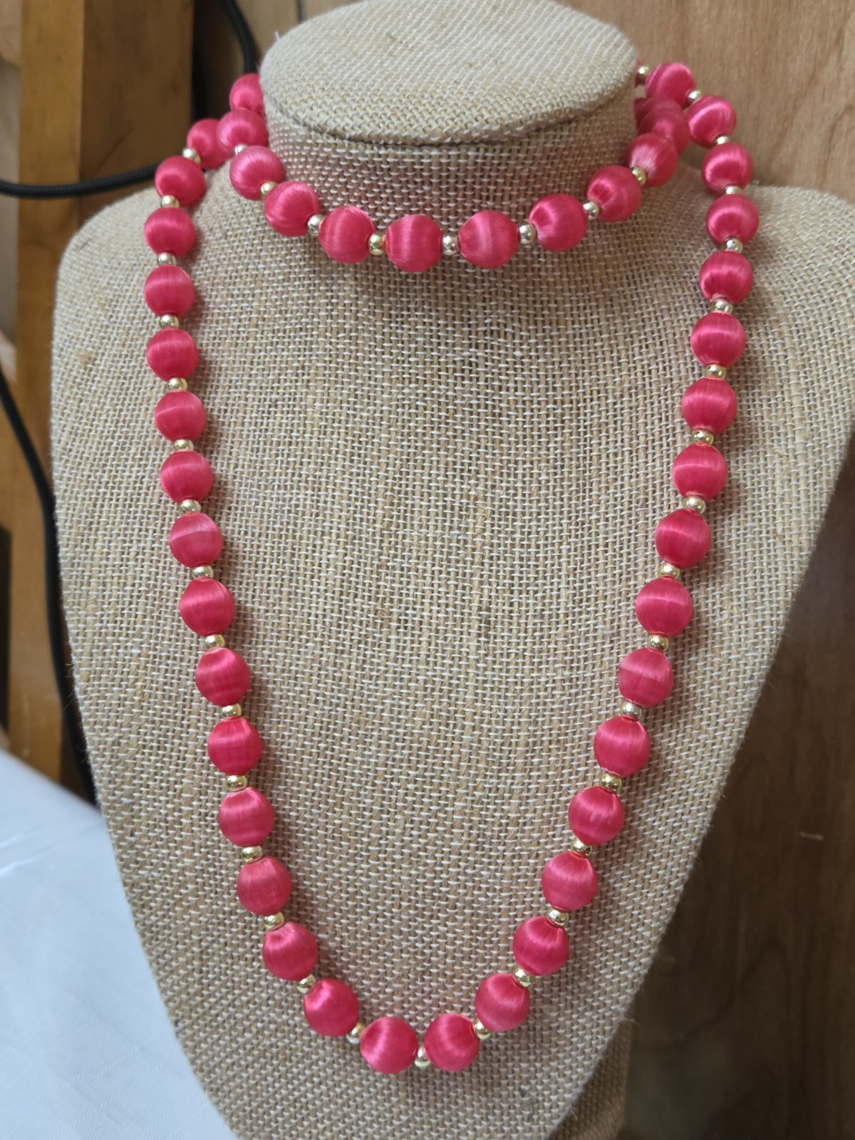 Mid Century 30” Necklace Beads Covered with Pink Thread & Gold Spacer Beads Vtg