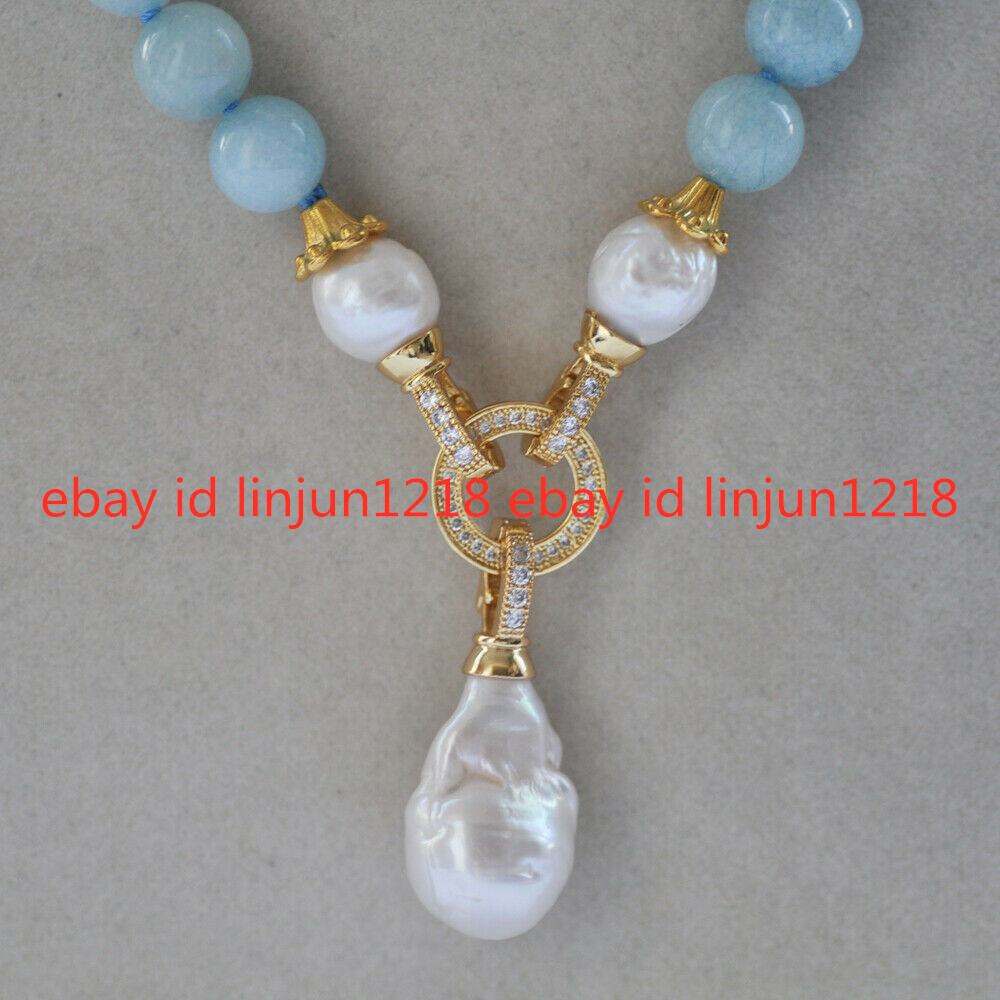 10mm Blue Amazonite White Natural Edison Baroque Pearl Pendant Necklace 18”