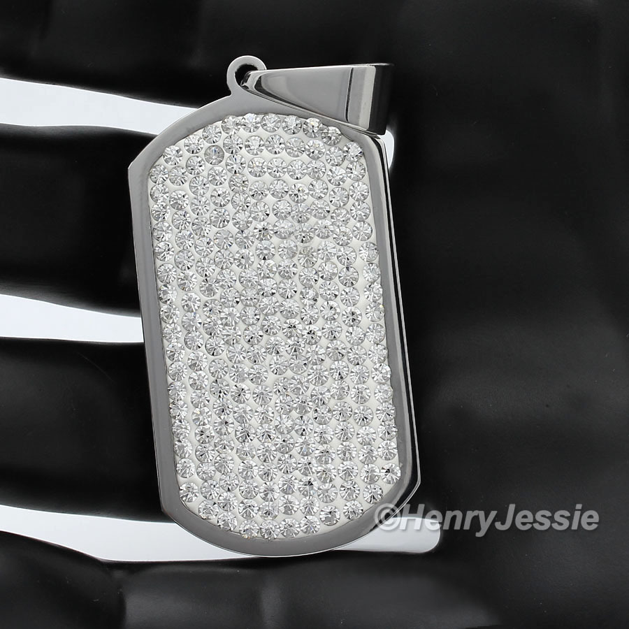24″MEN Stainless Steel 2.5mm Silver Beaded Chain Necklace CZ Dog Tag Pendant*P43