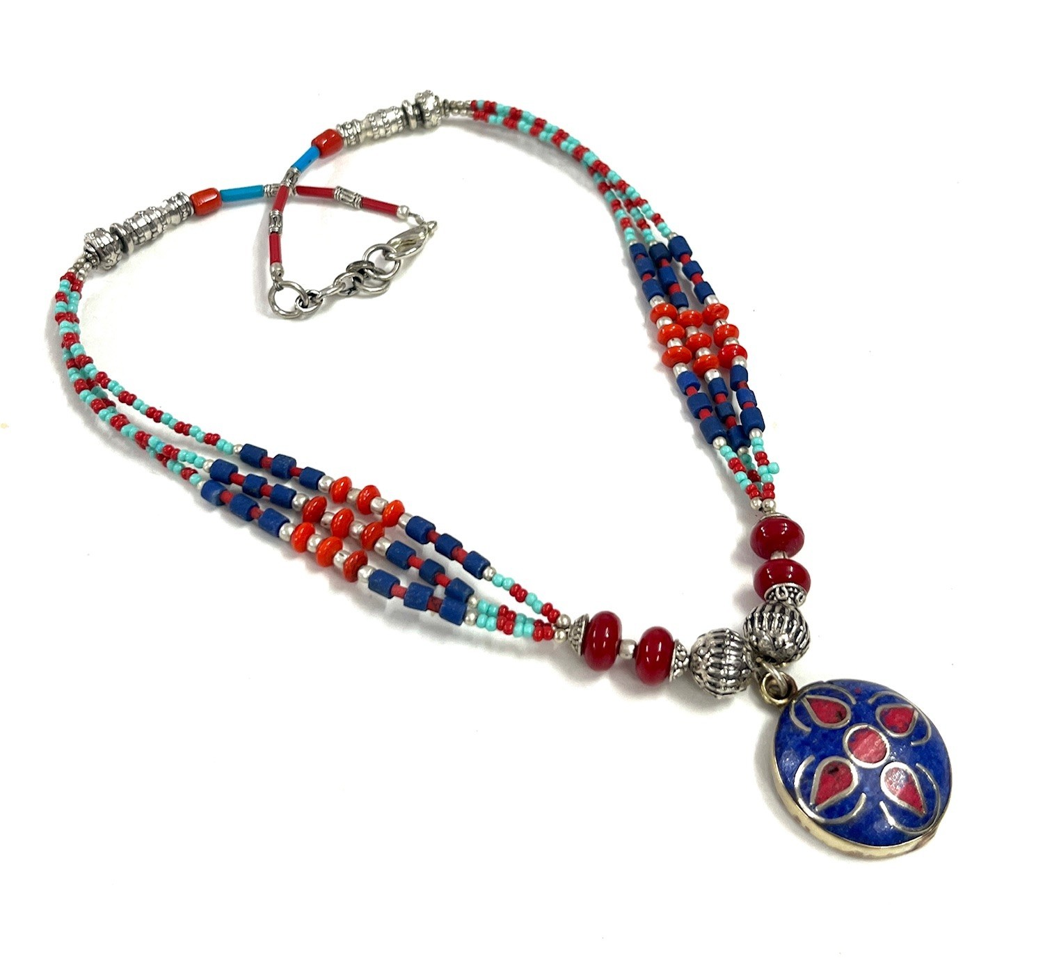 Antique Lapis Lazuli Coral Gemstone Tibetan Necklace Jewelry, 17 Inch Adjust