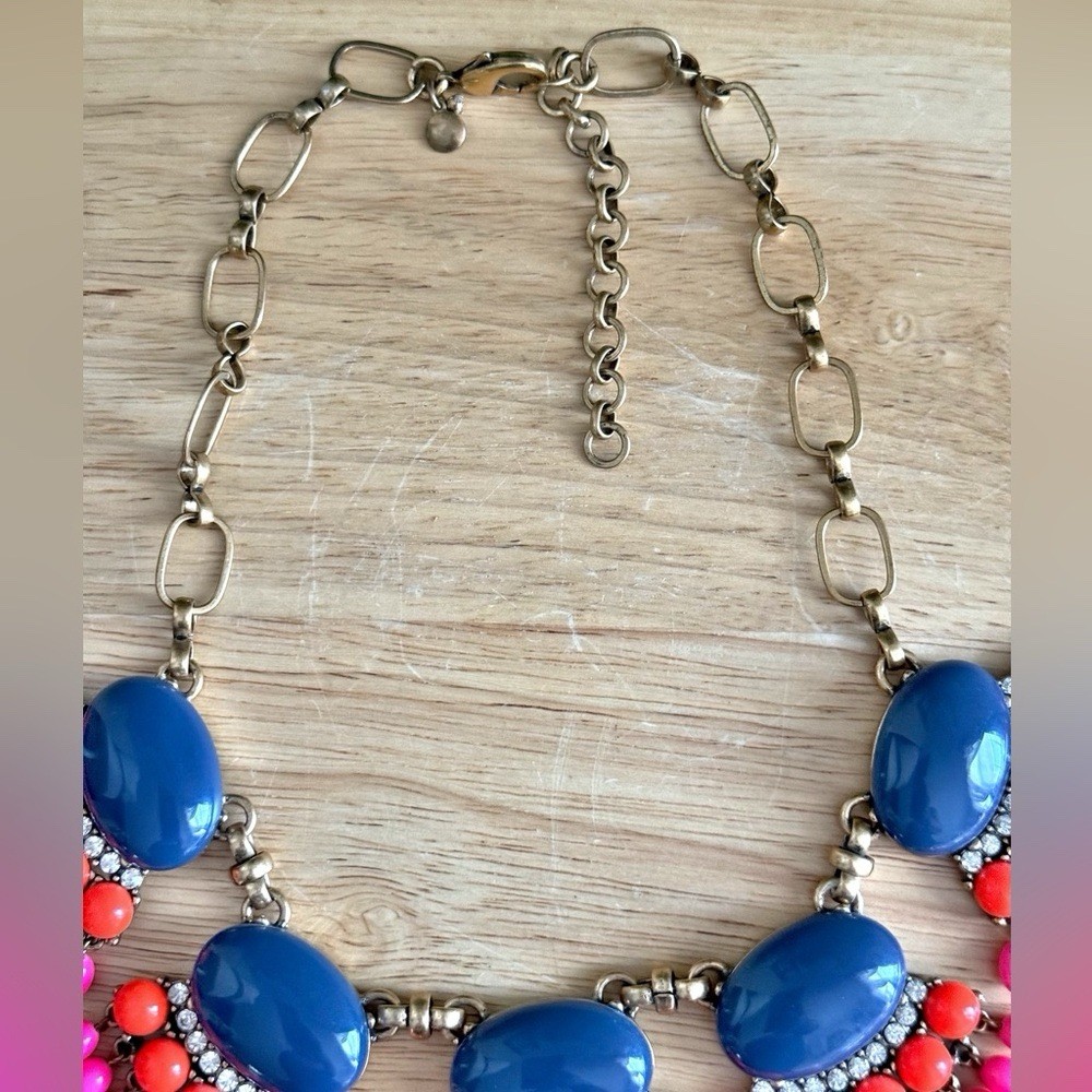 J.Crew Fan Fringe Statement Necklace Navy Blue Coral Pink Beaded Bib Chunky