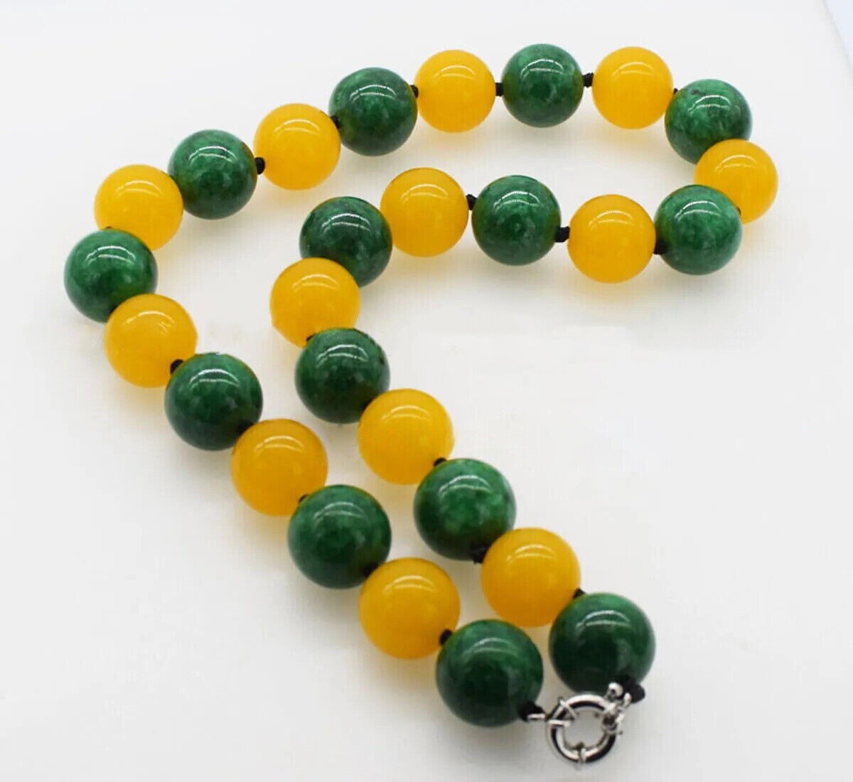 Huge 20mm Natural Yellow Topaz Green Jade Jadeite Round Gemstone Beads Necklace