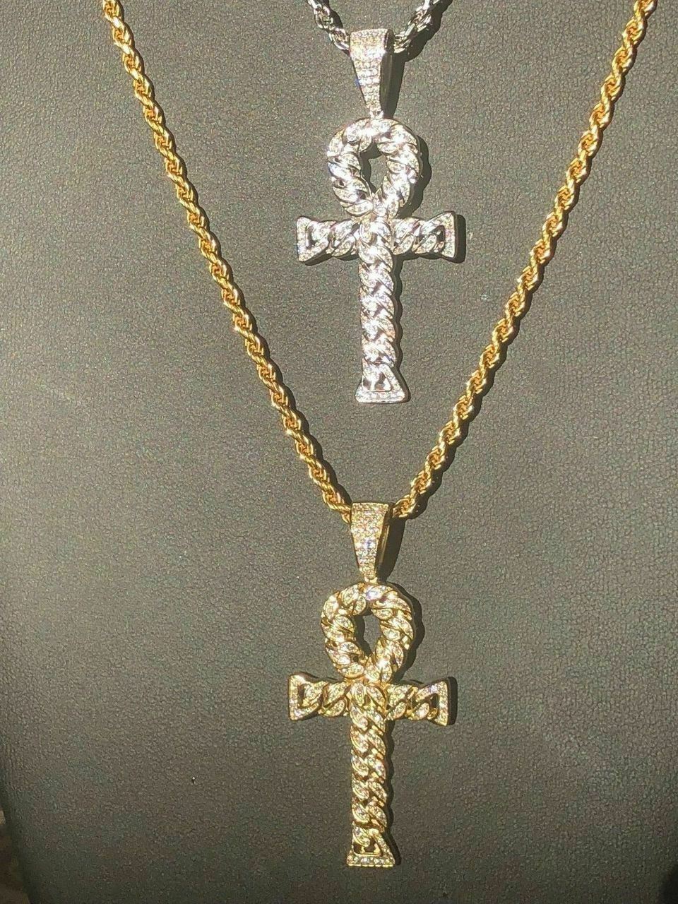 Ankh Cuban Link Cross 14k Gold Plated Solid 925 Sterling Silver Pendant 1ct CZ