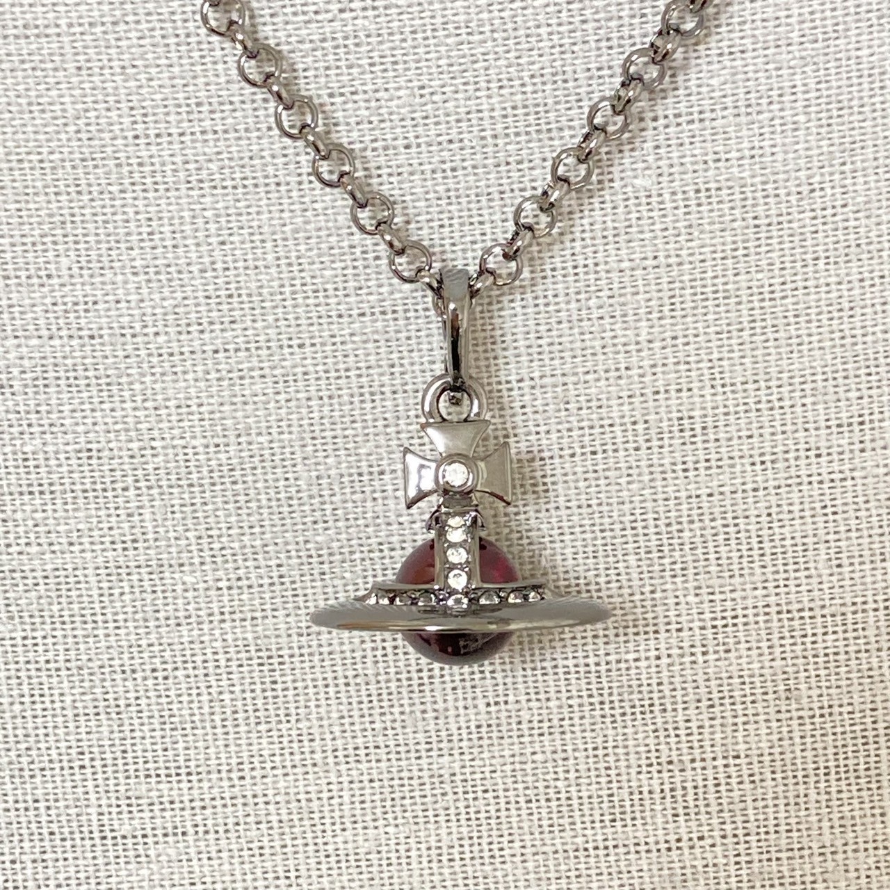 Vivienne Westwood Necklace Tiny Orb Gunmetal Wine Red w/Pouch NO BOX