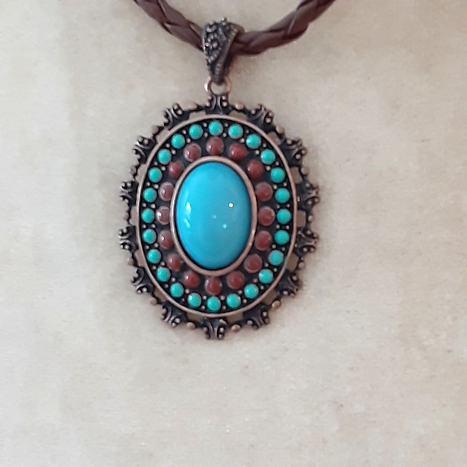 Southwestern tribal 16″ necklace faux leather cord faux turquoise pendant
