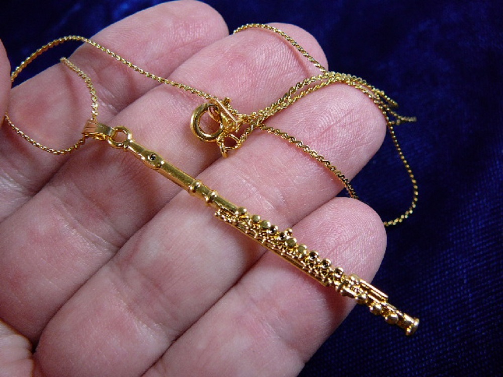 (M214-E) Open hole Flute PENDANT gold plated JEWELRY NECKLACE