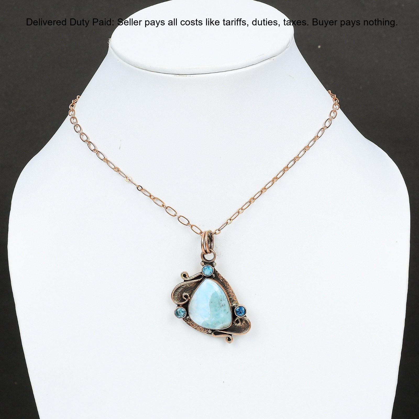 Trillion Larimar Gemstone Swiss Blue Topaz Copper Bezel Graduation Wife Pendant