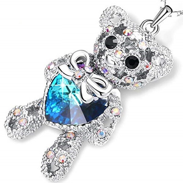 925 Sterling Silver I Love you Heart Blue Topaz Teddy Bear Pendant Necklace