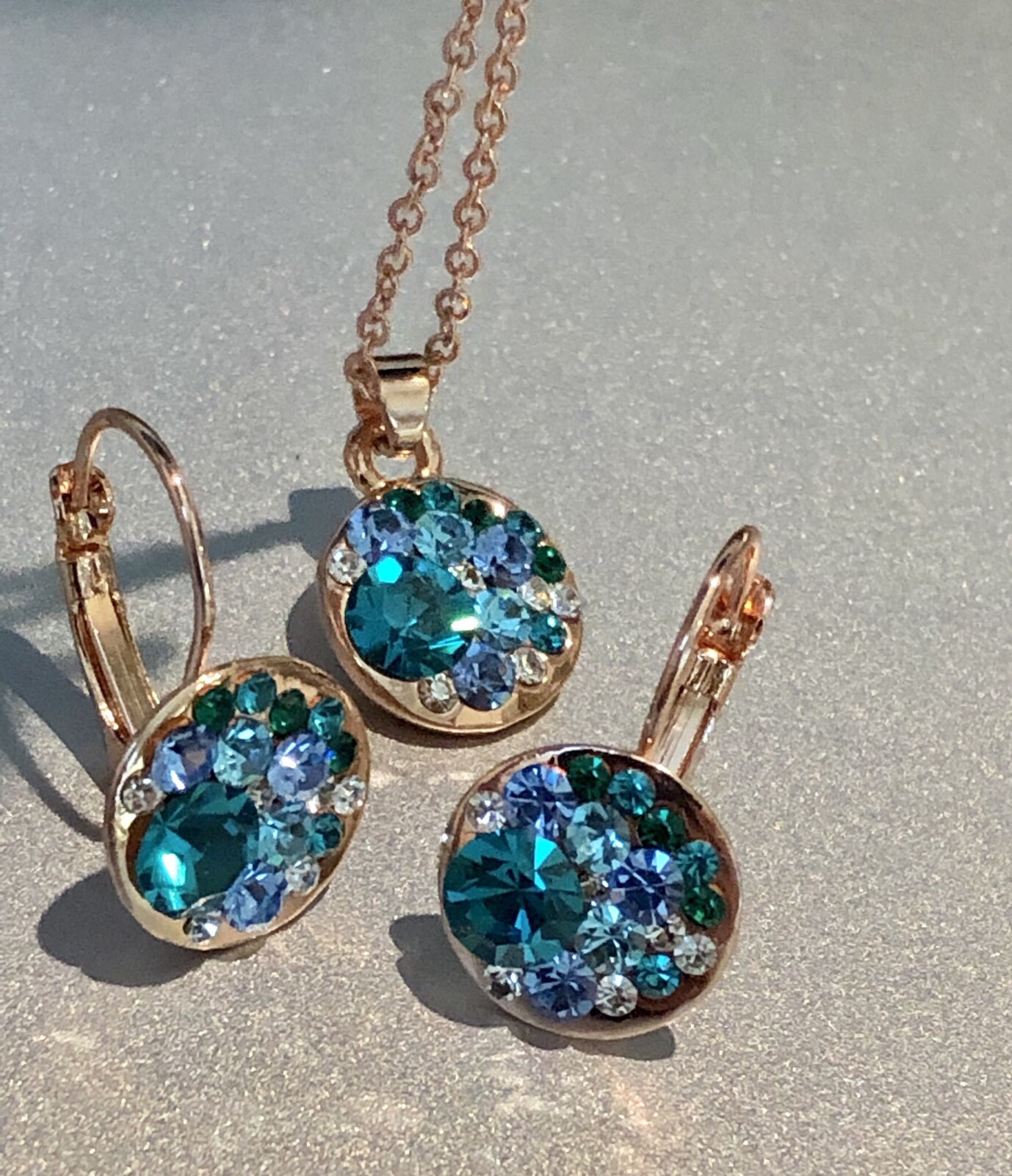 15mm Round Bella Blue Necklace Earrings Swarovski Crystal Rose Gold Plated Over