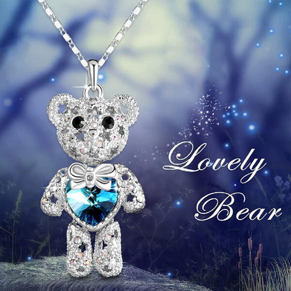 925 Sterling Silver I Love you Heart Blue Topaz Teddy Bear Pendant Necklace