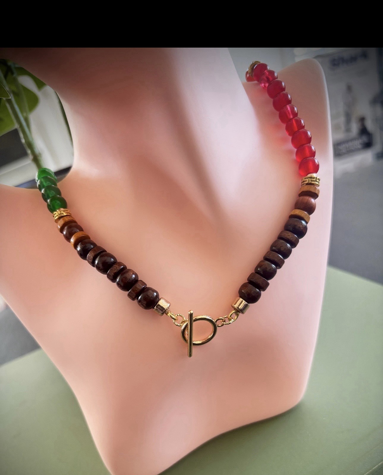 Latin Style beaded Necklace, natural Stone w/ Toggle Clasp.