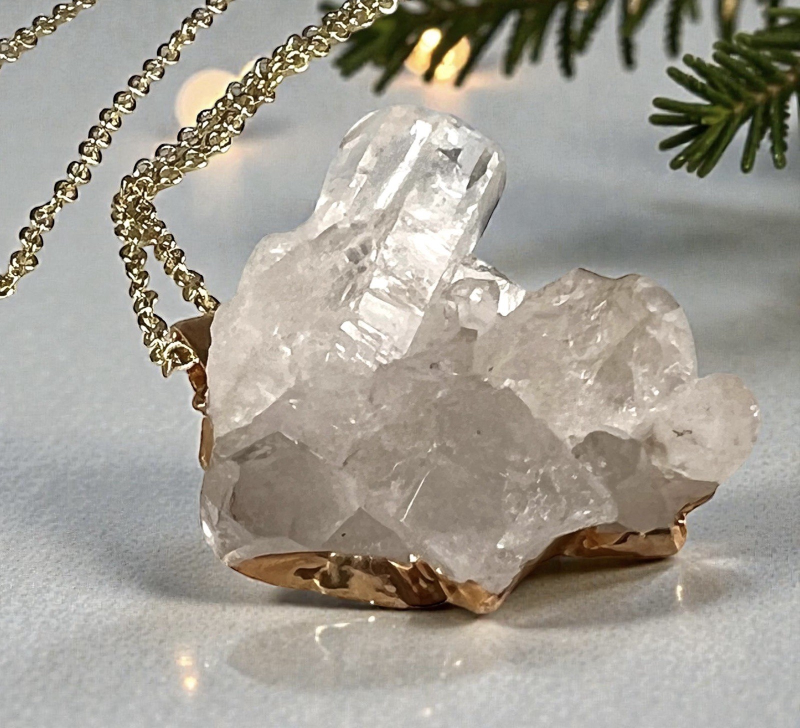 Semi Clear Quartz Cluster Pendant Necklace with a Gold-Toned Chain 32”