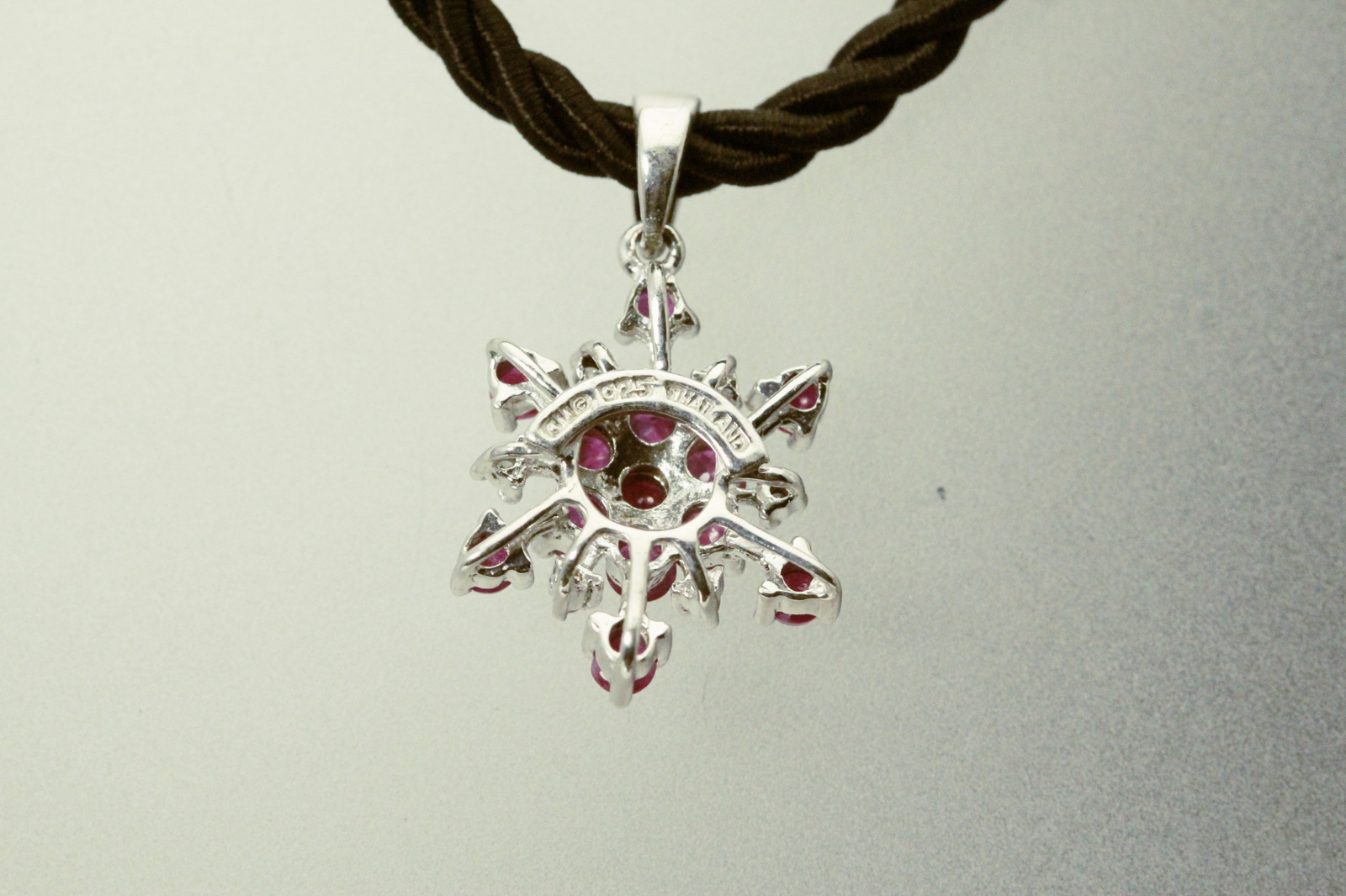 Red Ruby & Diamond Chips Snowflake Sterling Pendant Black Cord 5.4g (NEC5716)