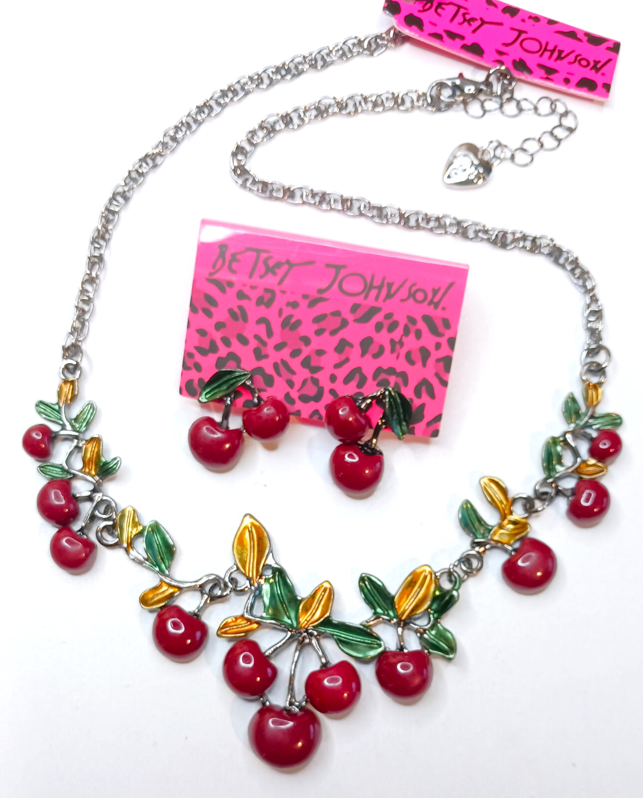 Sweet Red CHERRY Leaf Blossom Choker Betsey Johnson Enamel Necklace Earrings SET