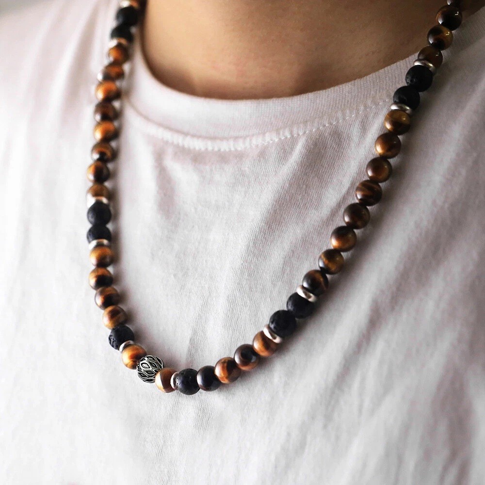 24″ Men’s Tiger Eye Necklace 8mm Natural Lava Beads Stainless Steel Toggle US
