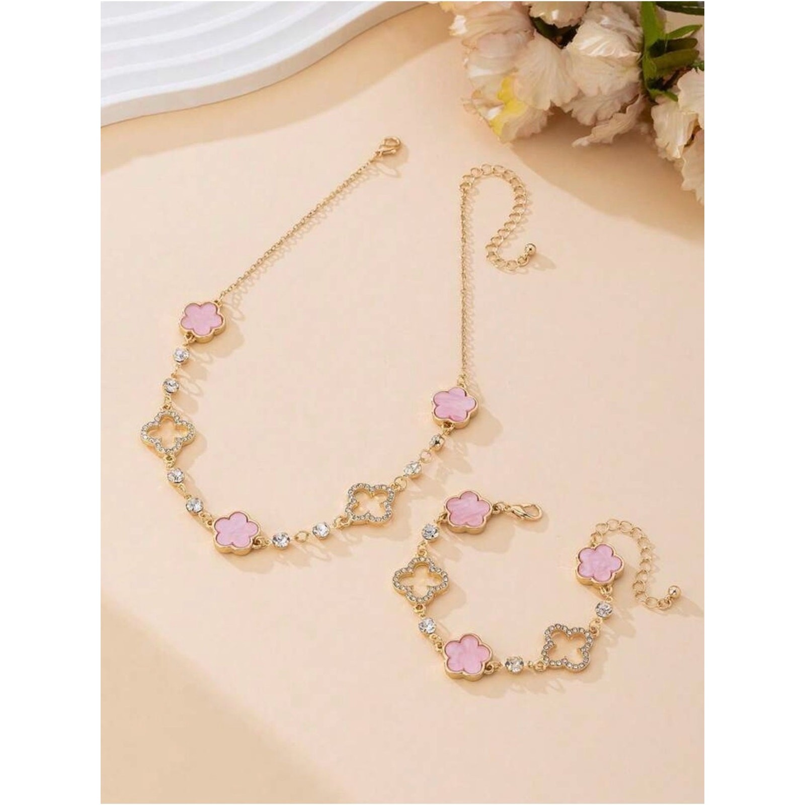 New Gold and Pink Clover Necklace and Bracelet Set