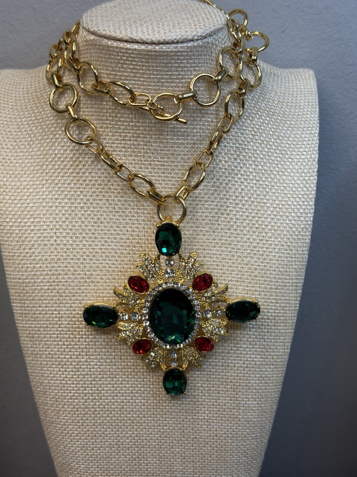 Journie Gold Tone Link Chain Cross Pendant Necklace Green Red Crystal Signed