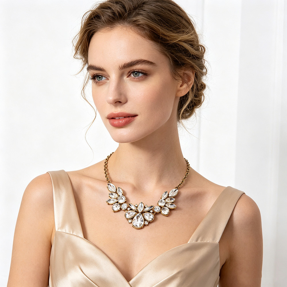 Women Multi Shape Crystal Bib Necklace Antique Gold Party Statement Jewelry