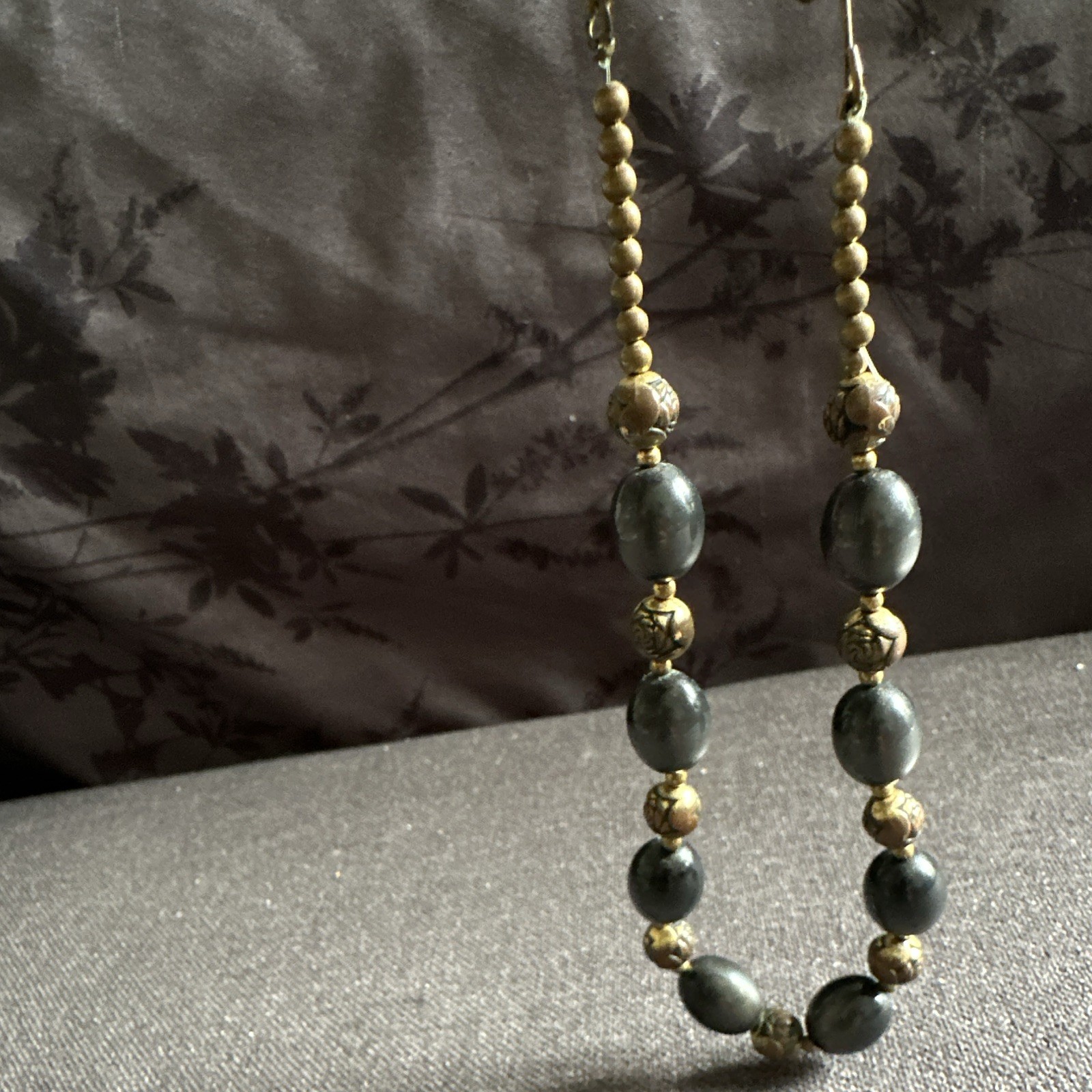 Gold Tone & Gray Beaded Necklace, Curb Chain, Spring Ring Clasp