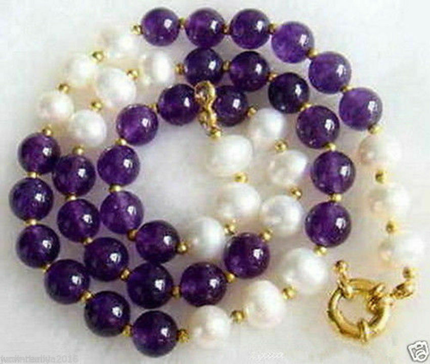 Natural 7-8mm White Freshwater Pearl & 8mm Purple Amethyst Beads Necklace 18”