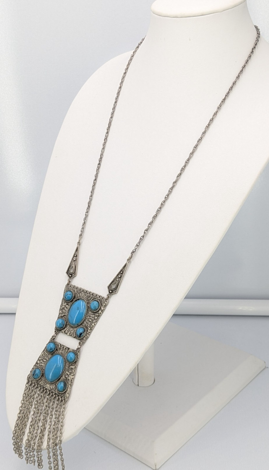 Vintage Fringe Pendant Necklace Faux Turquoise Silver Tone SW Boho 29in Tribal