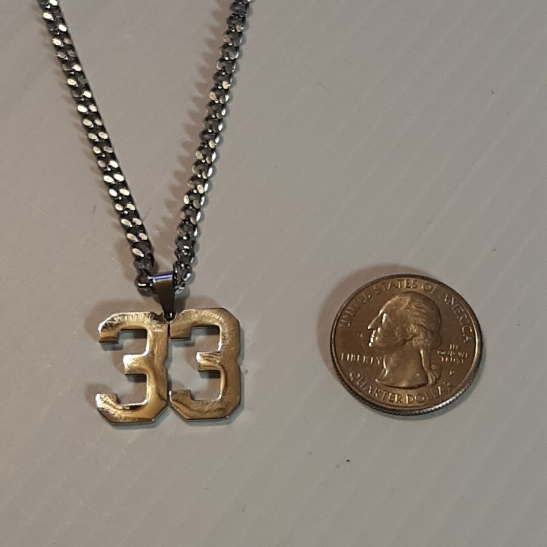 #33 BASEBALL FOOTBALL NUMBER Pendant Charm / 20″-24″ STAINLESS CHAIN NECKLACE
