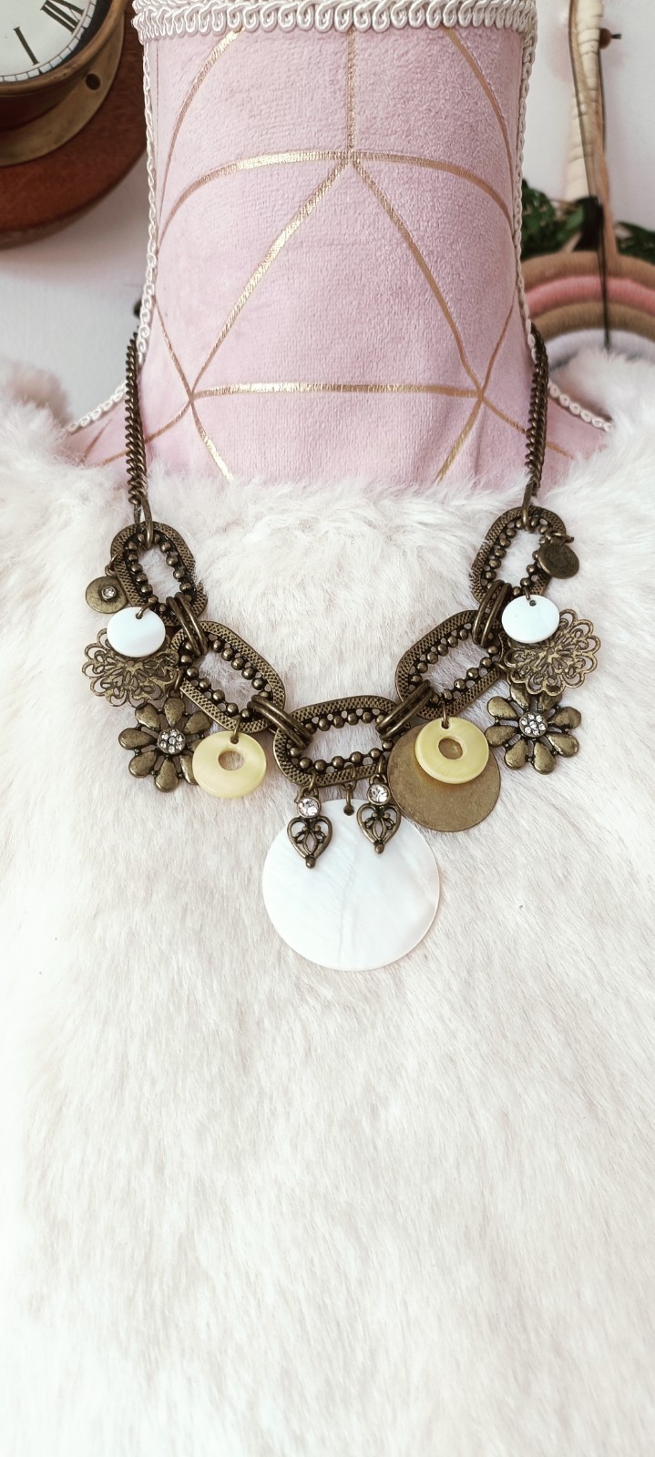 Vintage Boho Brass Charm Statement Necklace Mother of Pearl Floral Mixed Metal