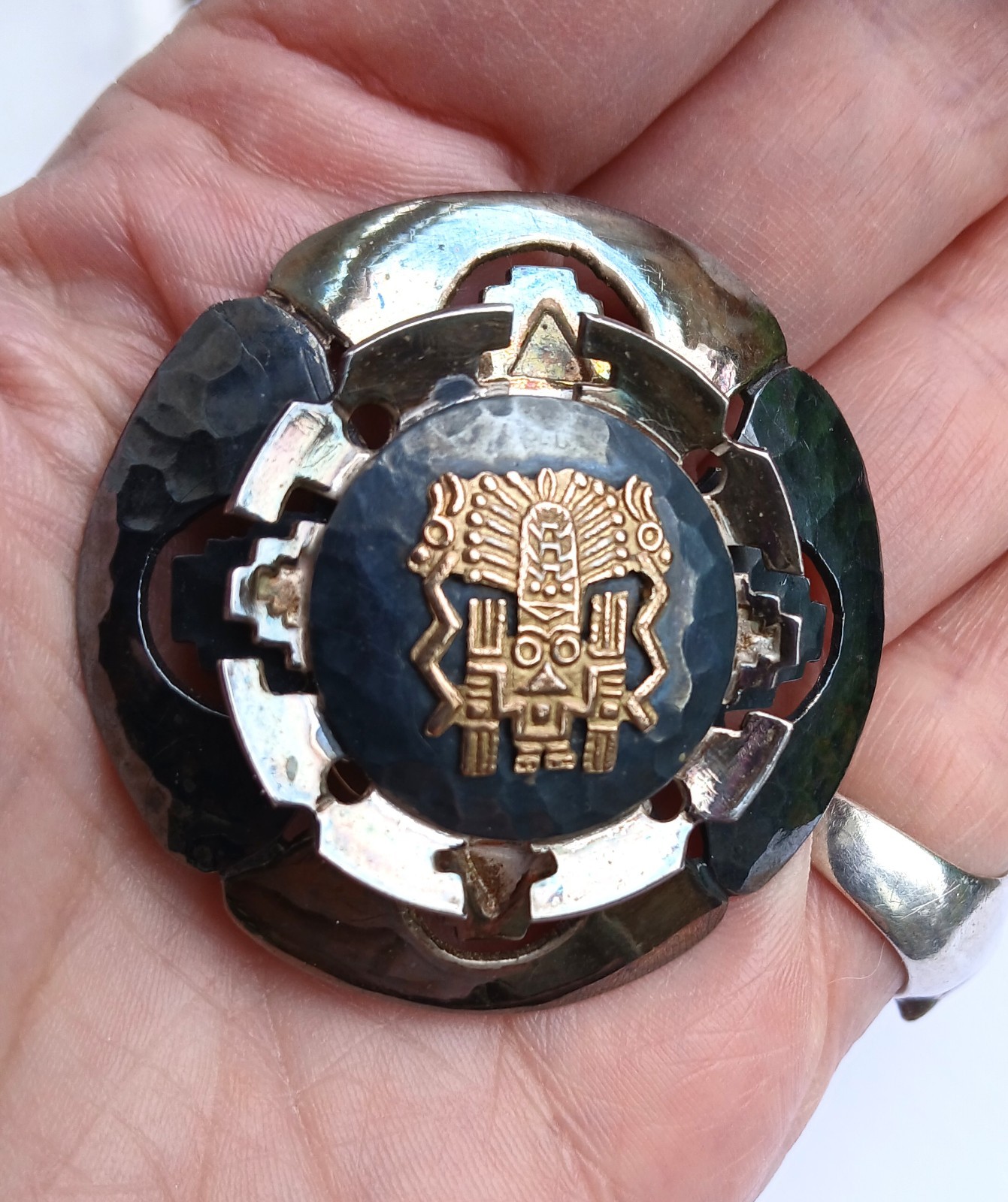 Vintage Peruvian pendant brooch sterling silver 18K gold carat tribal design