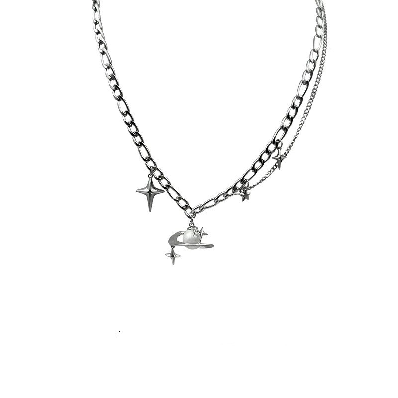 Silver Stainless Two Layer Planet Star Necklace Saturn Minimal Men Stack Jewelry