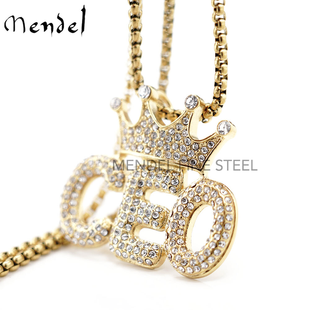 MENDEL Stainless Steel Mens Gold Plated Bling Hip Hop Crown Pendant Necklace Men