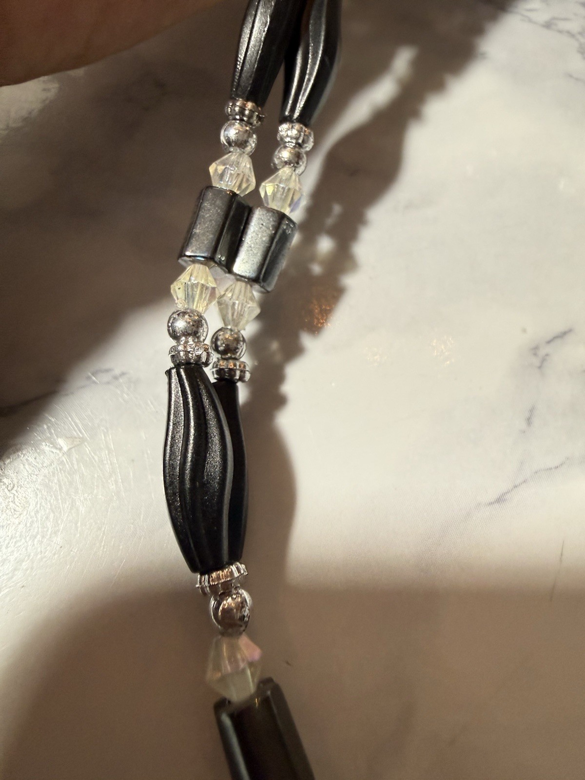 Magnetic Hematite Beaded Necklace Bracelet Black Crystal 31” No Clasp Lot#1767