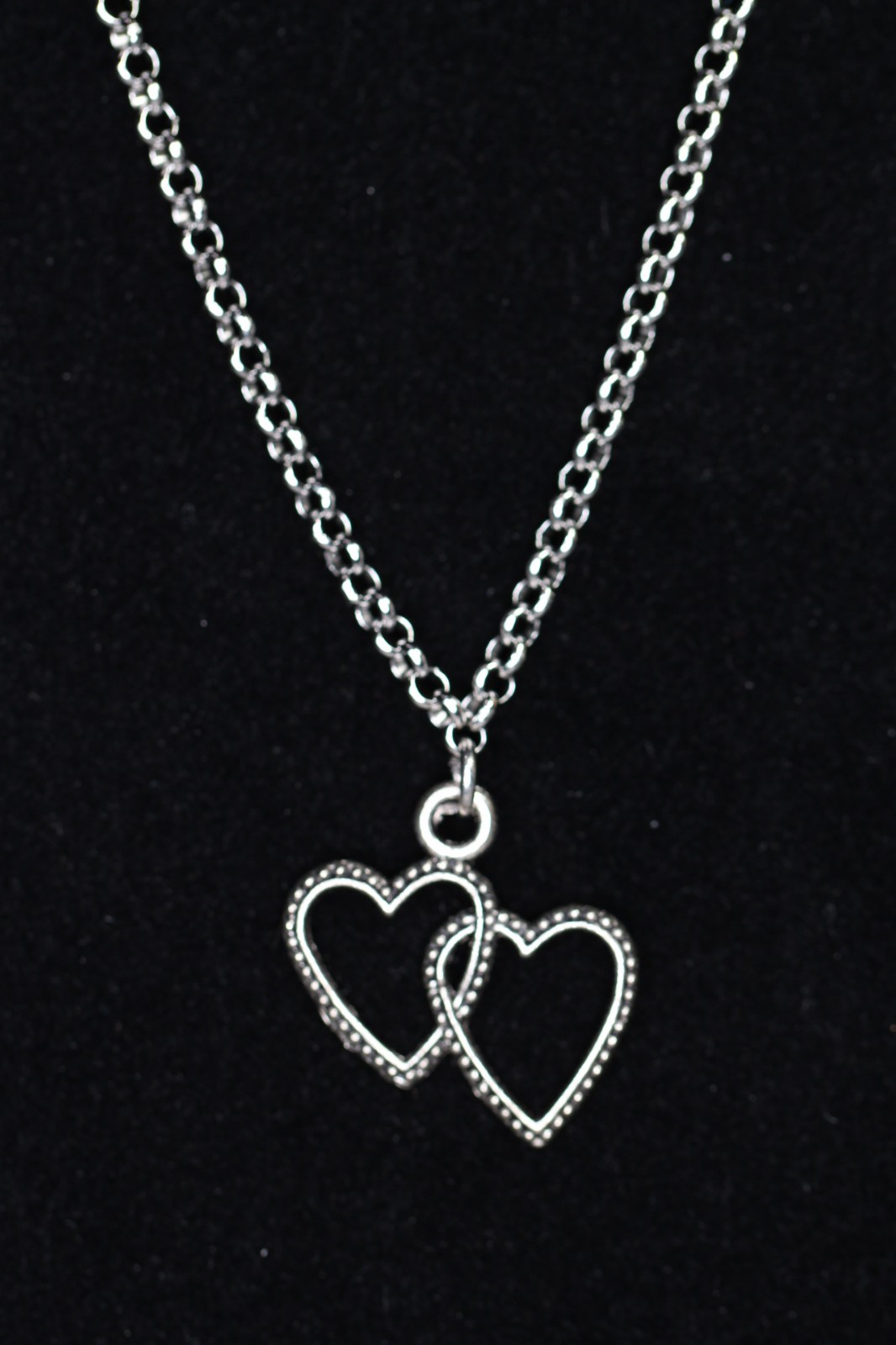 Hearts Necklace Silver Pewter Charm 1″ Pendant 3mm Stainless Chain 18″ Joined