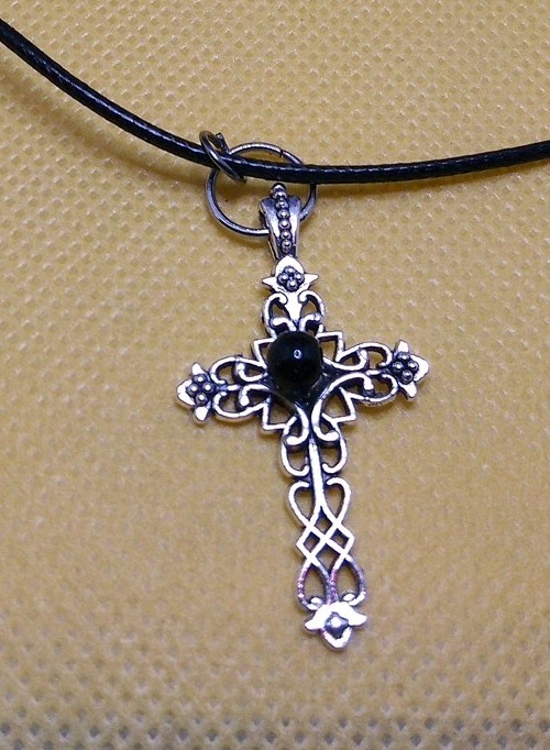 ADJ. CORDED NECKLACE & OBSIDIAN BEAD CROSS PENDANT