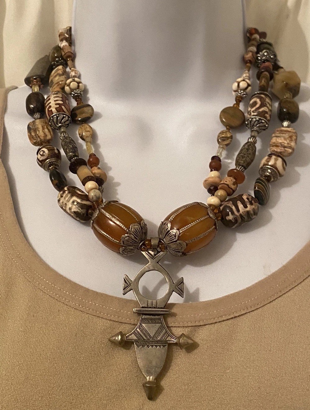 Global Trade Bead Necklace Amber Gemstone DZI Shell Glass Tuareg Cross Pendant
