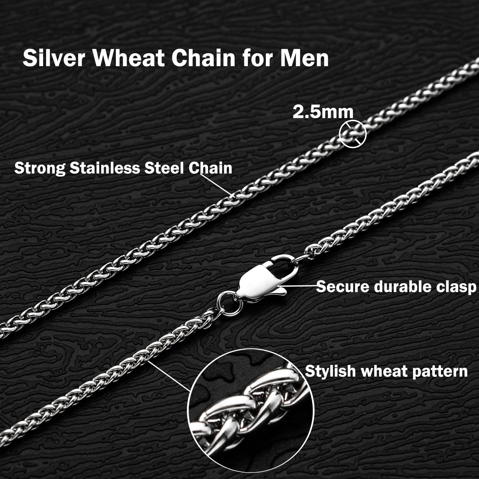 Stainless Steel Wheat Chain Necklace 2.5mm/3mm/4mm Silver Gold Jewelry for Men W