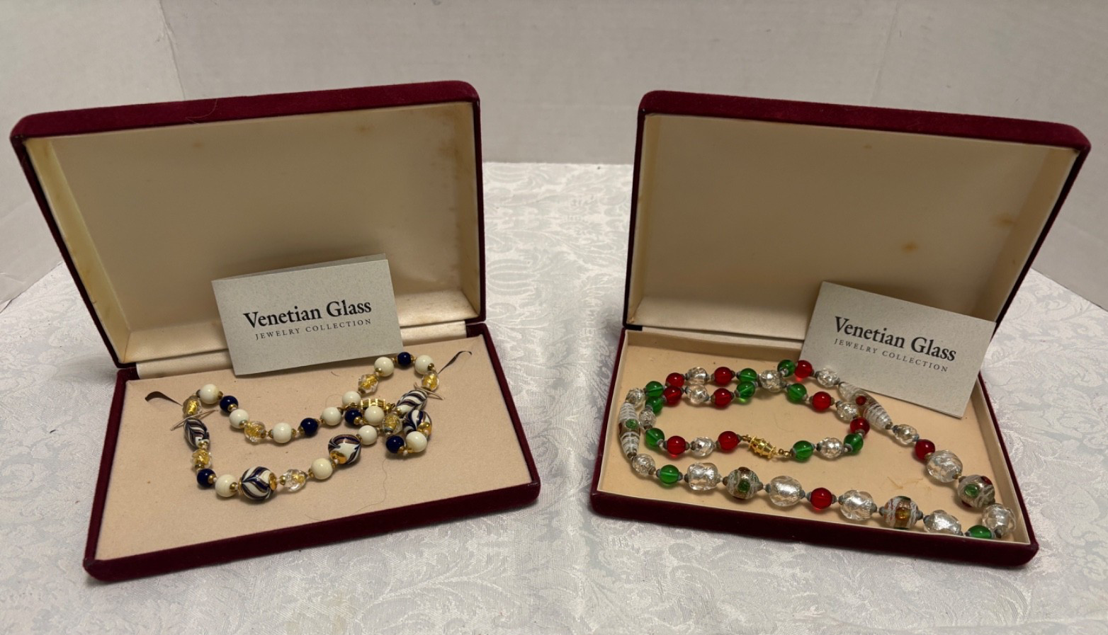 Venetian Glass Beads NECKLACE 20″ Cream Navy Gold Handcrafted IBB Italy Boxed