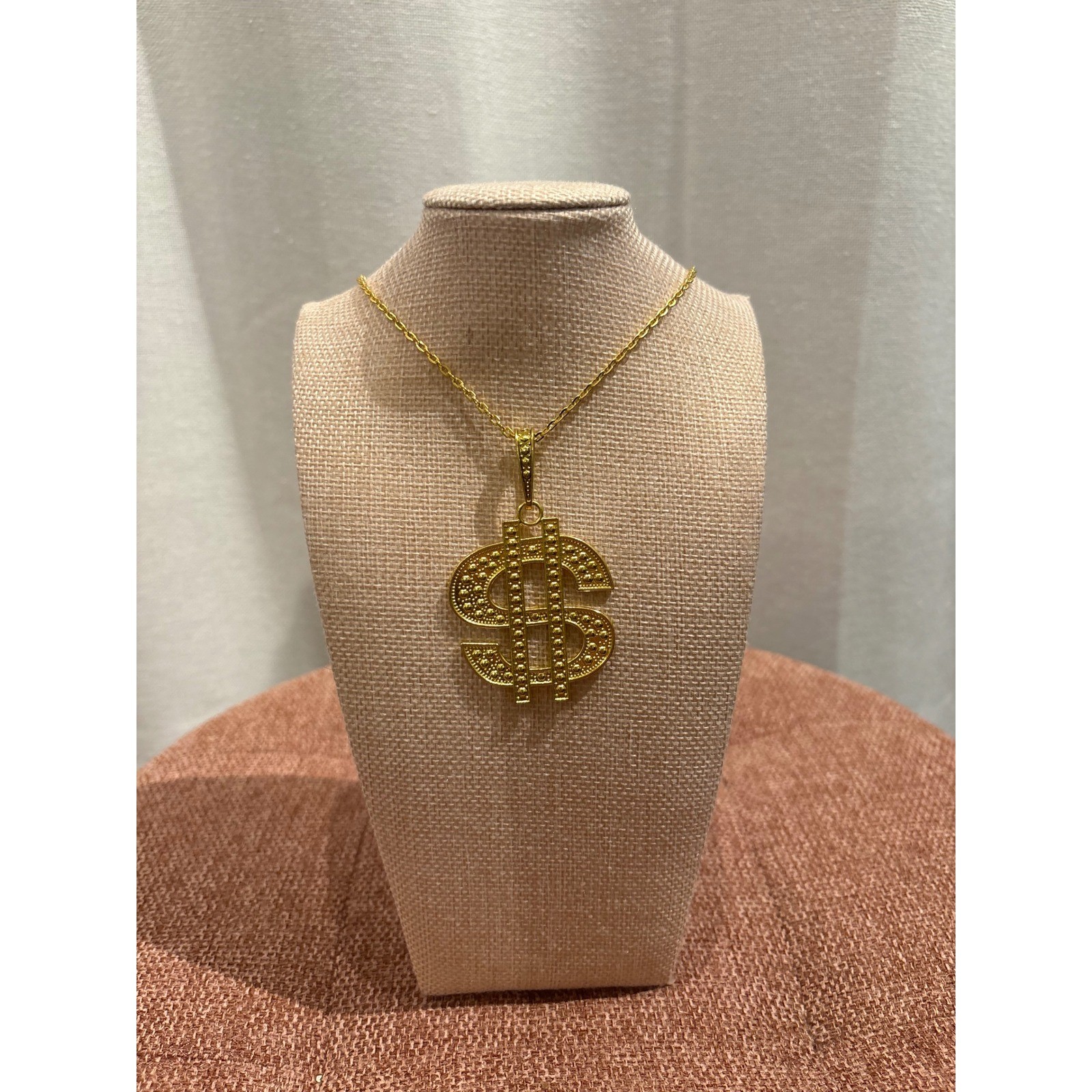 Gold Tone Dollar Sign Pendant Necklace Studded Money Symbol Hip Hop Costume 18in