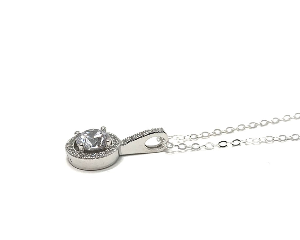 Sterling Silver Micro Set Cubic Zirconia Halo Pendant on 46cm Chain Necklace