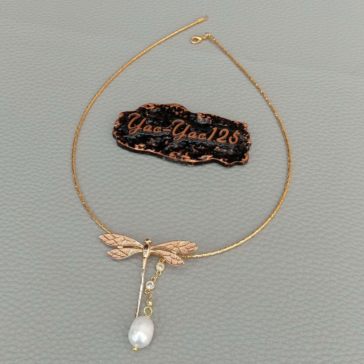 Gold Plated Dragonfly Charms White Rice Pearl Choker Necklace 16″