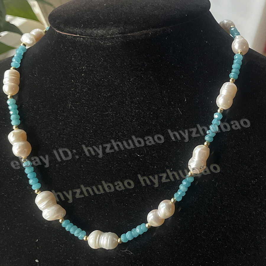 14-28″2x4mm Faceted Roundel Aquamarine Gems 10x15mm White Baroque Pearl Necklace
