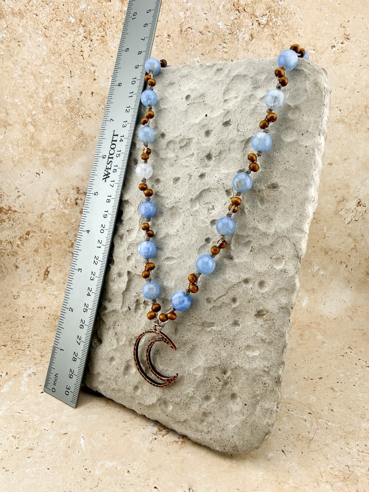 Copper Moon Pendant Necklace w/ Blue Banded Crackle Agate Crystal USA Artisan